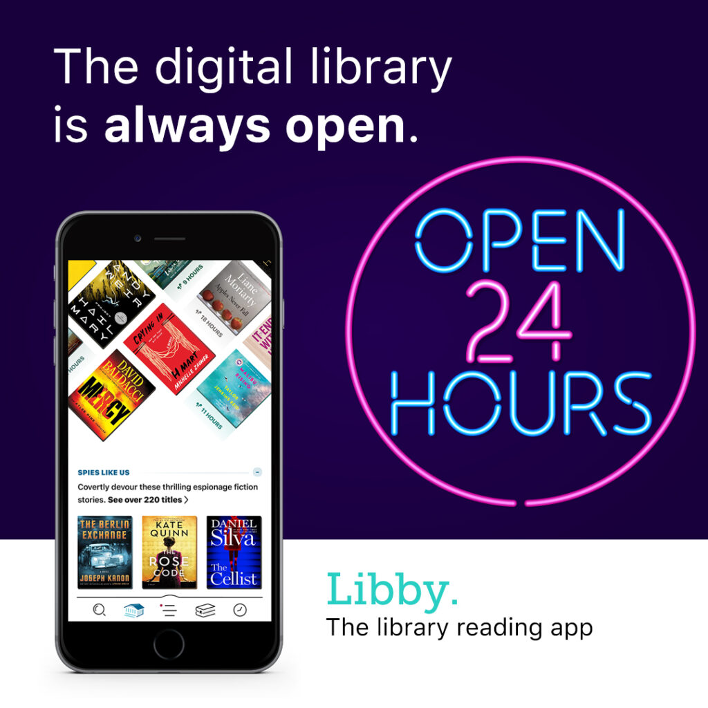 Open 24 hours neon sign with a graphic of a phone with the Libby App open